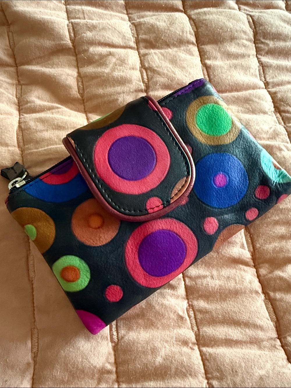 Leather Italian wallet NWOT purple pink snap polka dots colorful